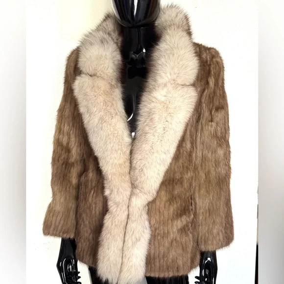 Brown stripped mink fur jacket coat with blue Fox trim - Picture 3 of 16